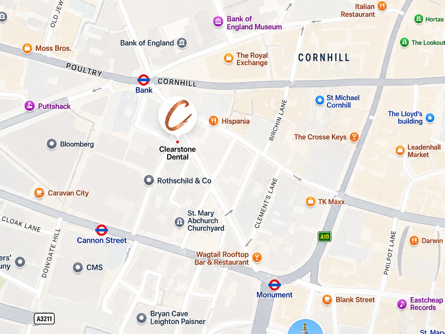 Map showing Clearstone Dental at 1 King William Street, Bank, City of London