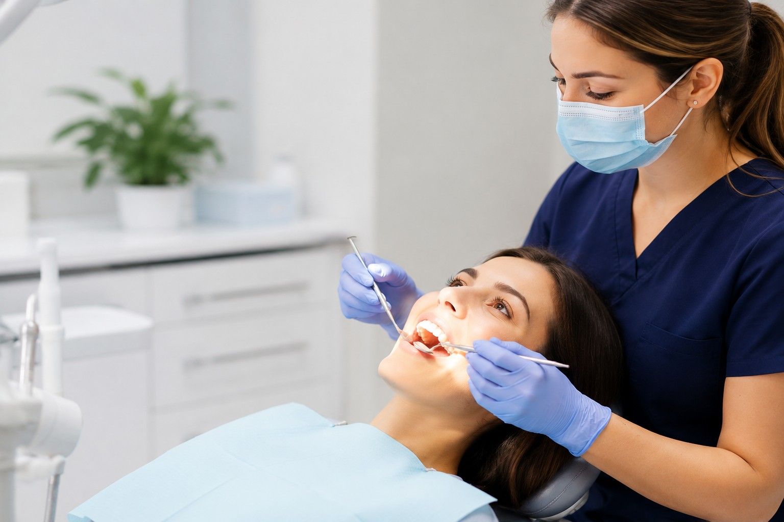 Dental hygienist examining a patient's teeth